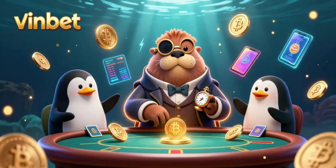 Experience winning moments with vinbet at an underwater poker game, featuring a walrus, dealer penguin, and bluffing pufferfish.