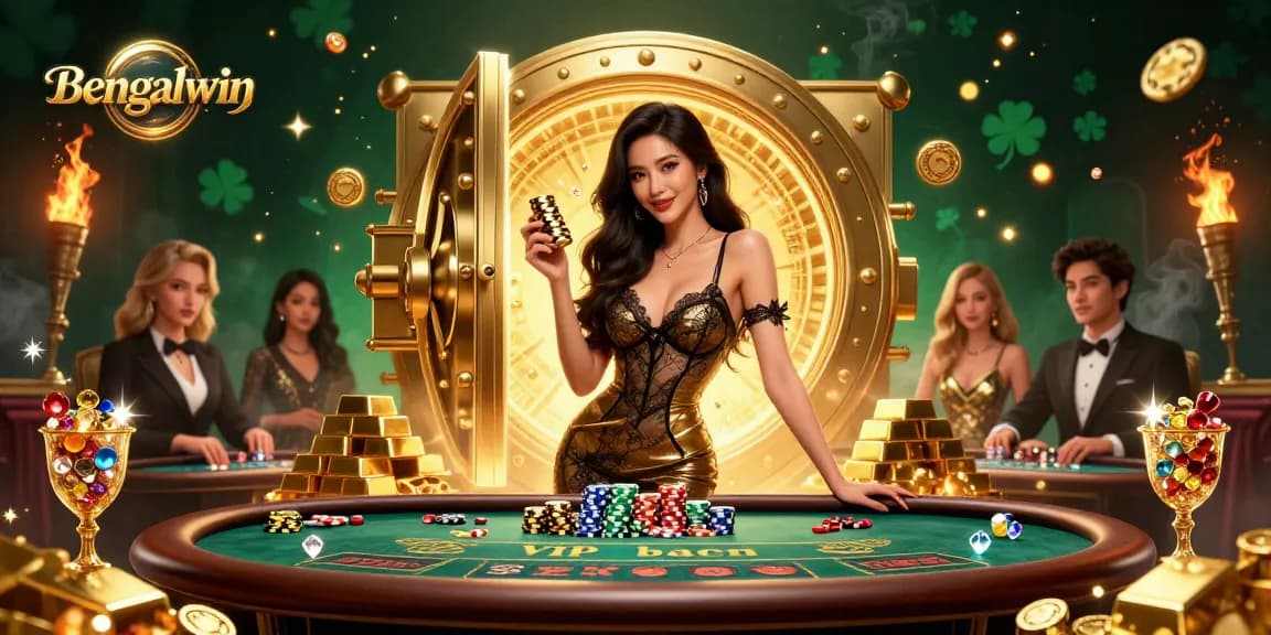 Bengalwin offers a glamorous online baccarat scene featuring a stunning player and golden chips.
