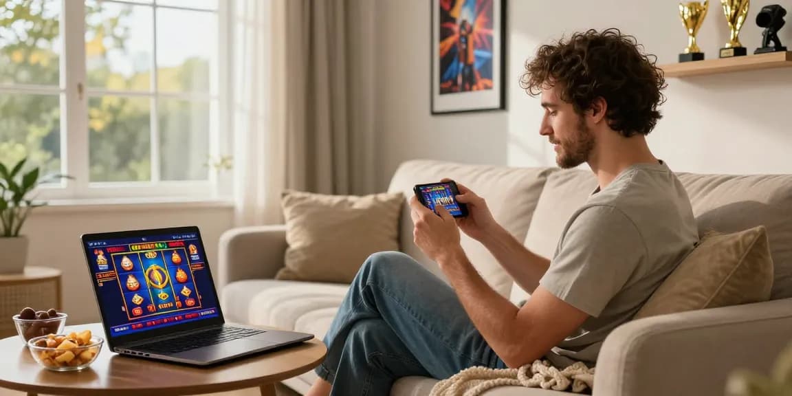 Player using a smartphone to explore new online casinos UK in a cozy living room setting with vibrant gameplay on the screen.