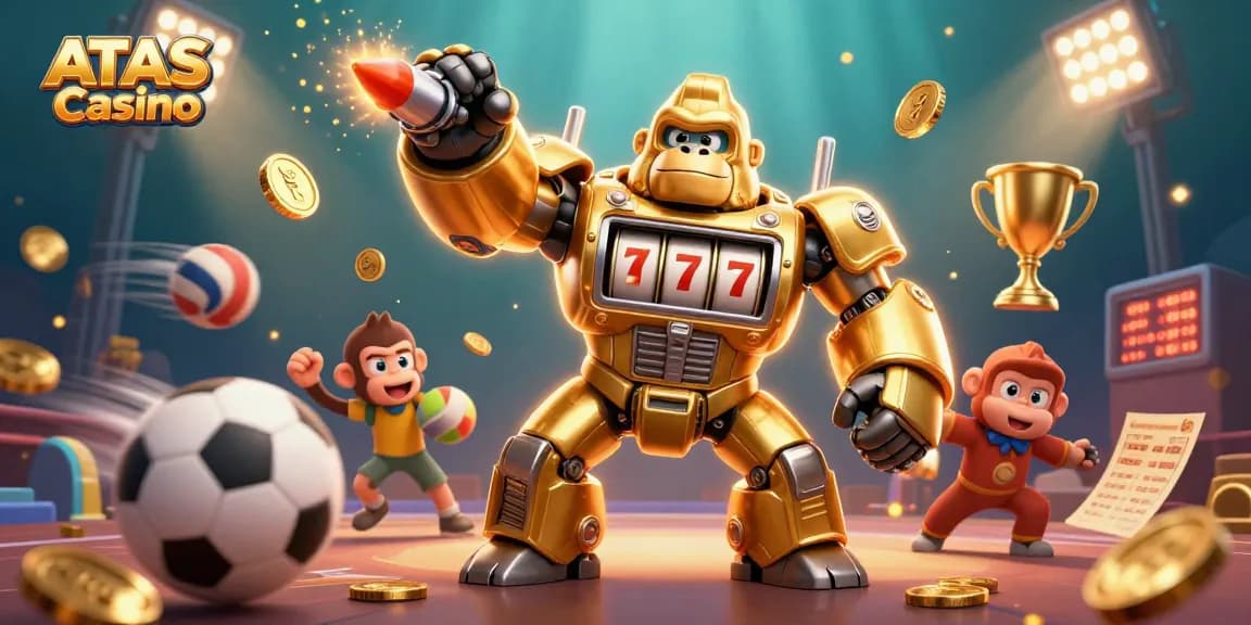 Experience thrilling wins at ATAS Casino with our dynamic, vibrant 3D illustration of gaming excitement.