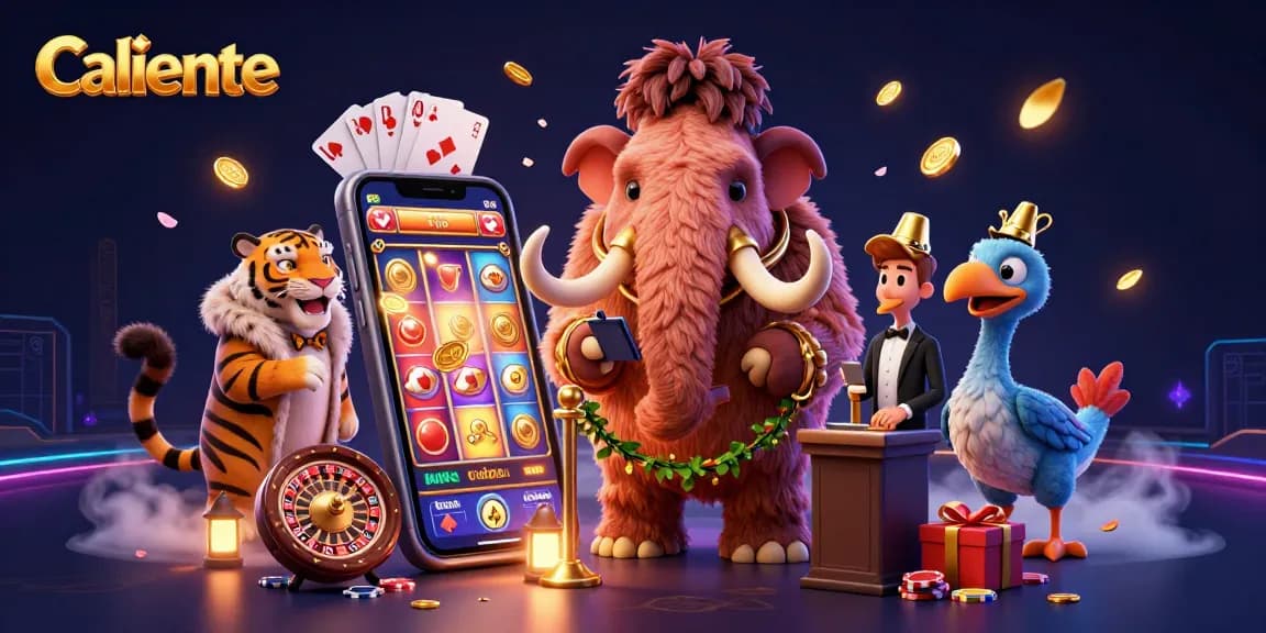 Caliente games come alive as casino characters engage in vibrant slots and betting action.