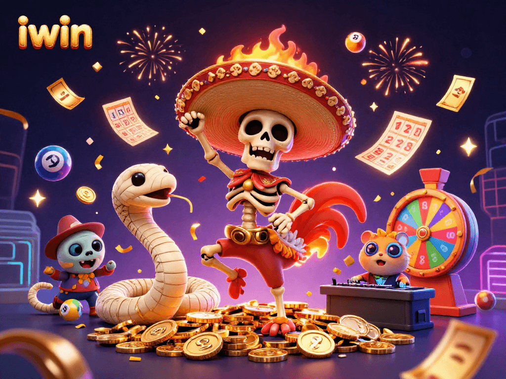 Experience the excitement of iwin with winning balls and confetti in this animated casino scene.