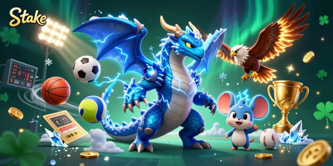 Engage with Stake's thrilling casino experience featuring a dynamic dragon and sports elements.