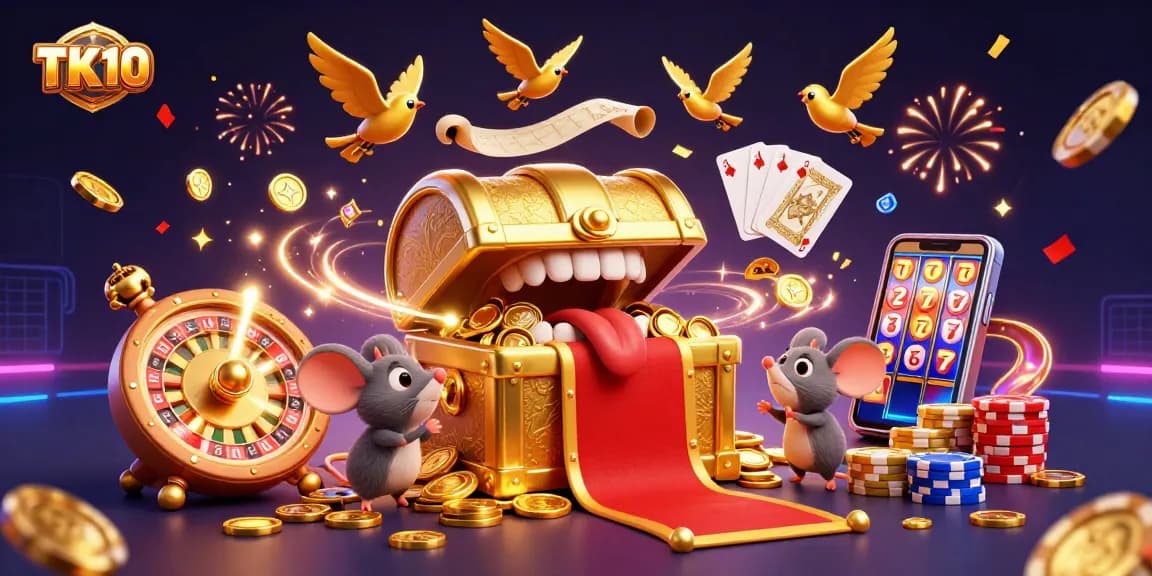 Experience thrilling moments at TK10 with golden treasures and exciting games in a vibrant 3D casino scene.