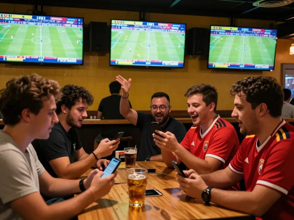 Exciting sports betting moment with keo nha cai on mobile app at sports bar
