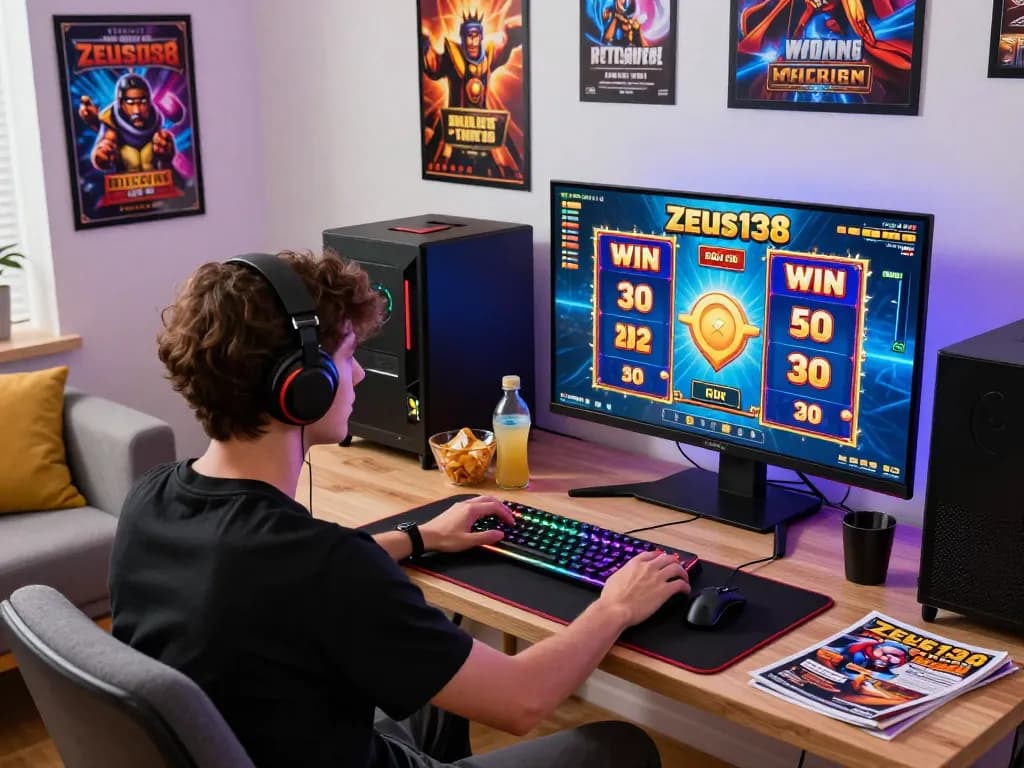 Gamer enjoying zeus138 slots in a vibrant home setup with gaming gear and snacks.