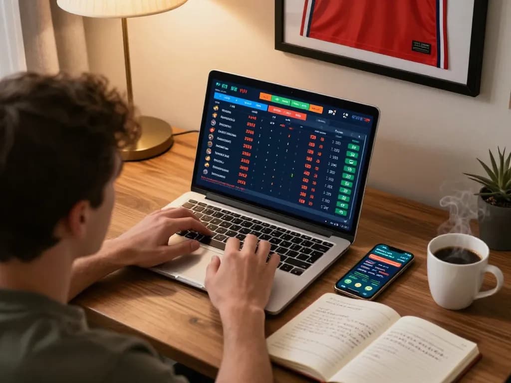 Engaged player analyzing betting odds on laptop for rik 88 online sports betting.