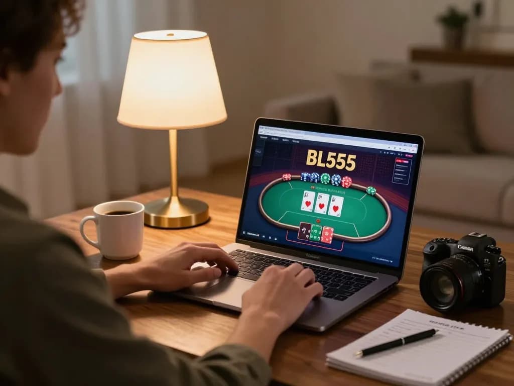 Player enjoying BL555 online poker game with strategic notes and cozy atmosphere.