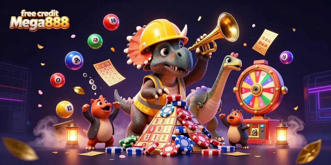 Claim free credit mega888 in a vibrant 3D cartoon casino scene with dynamic characters and game elements.