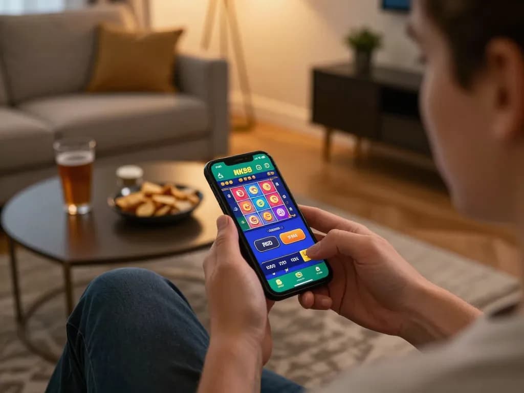 Engaging with the NK88 app for exciting mobile gambling in a cozy living room setting