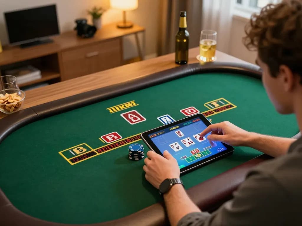 Player engaging at Free No Deposit Casinos using a tablet, showcasing live blackjack gameplay in a cozy home setting.