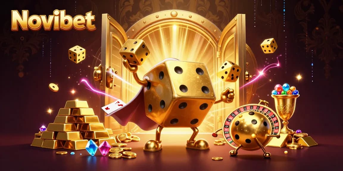Experience the thrill of Novibet with a golden dice golem and treasures of jackpots.