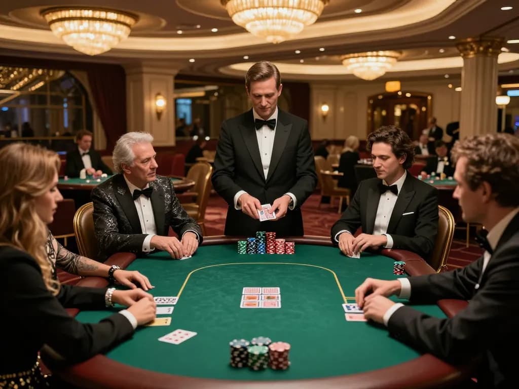 Engaged players experience vin 88 excitement at a high-stakes poker table in a lavish casino.