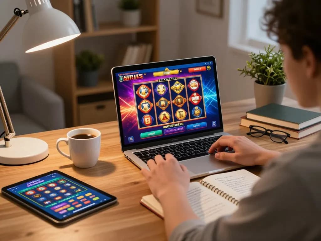 Engaging online gaming scene featuring situs slot action on a laptop with coffee and strategy notes
