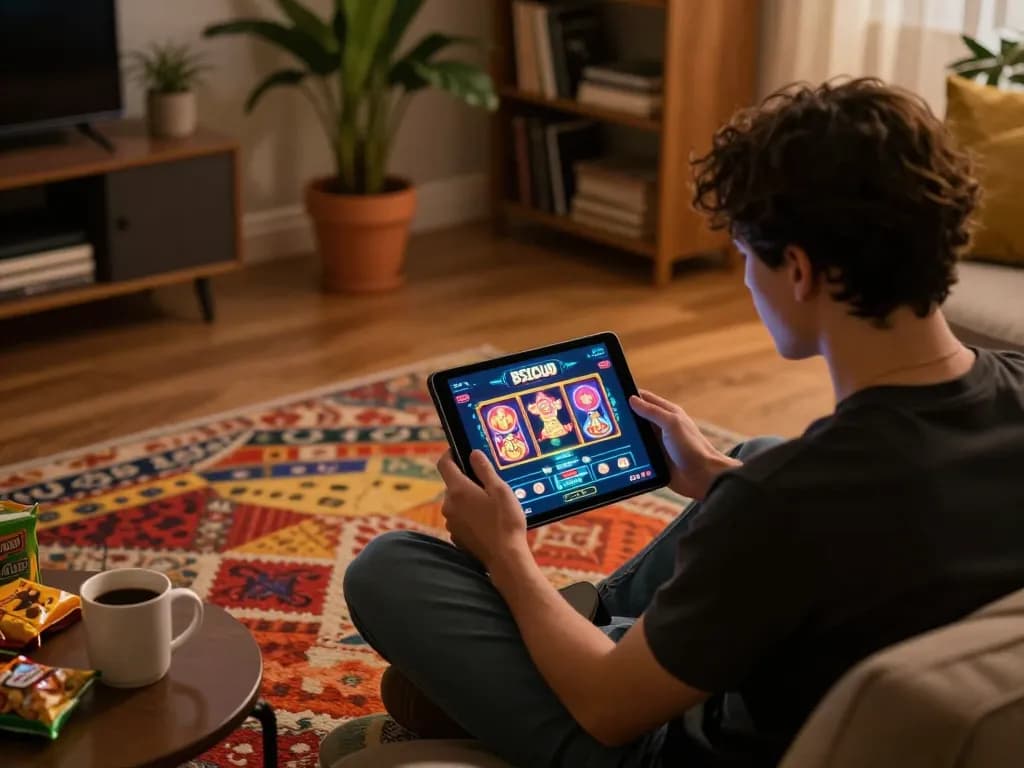 B52CLUB user engaged in online casino gaming on tablet surrounded by a cozy atmosphere, highlighting strategic gameplay.