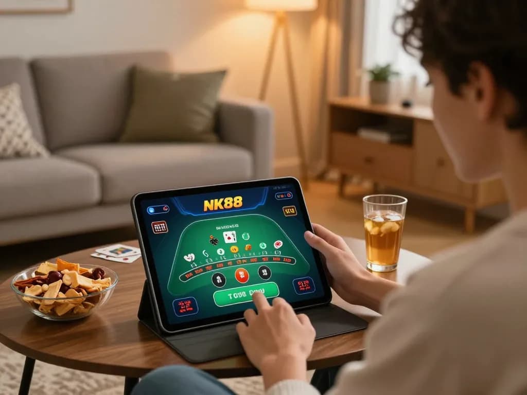 Engaging with NK88 casino app for blackjack at home, showcasing responsible gaming.