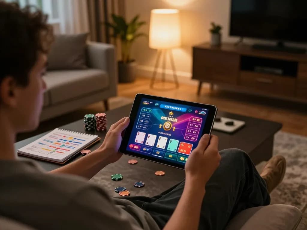 Engaging in gameplay at credit card casinos from home with a tablet and strategy notes