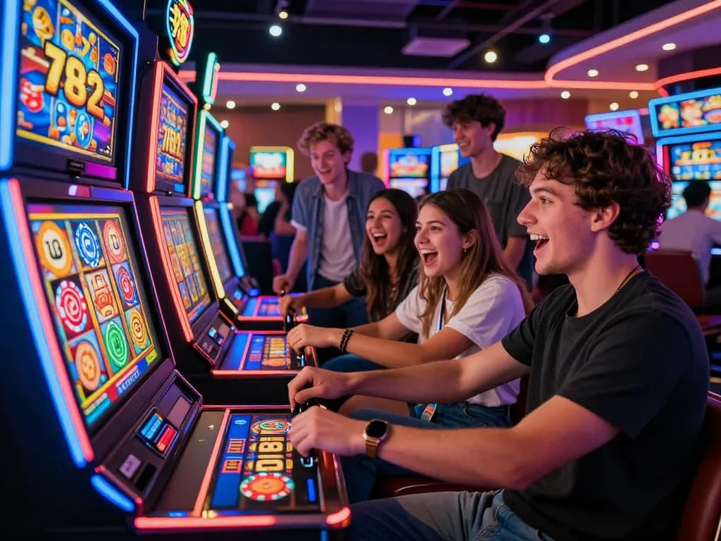 Kumpulan yang bersemangat memainkan mesin permainan slot782 di suasana kasino yang meriah.