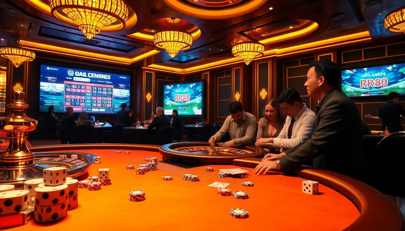Experience the thrill of gambling at Nhà cái RR88 with vibrant tables, poker chips, and engaging players.