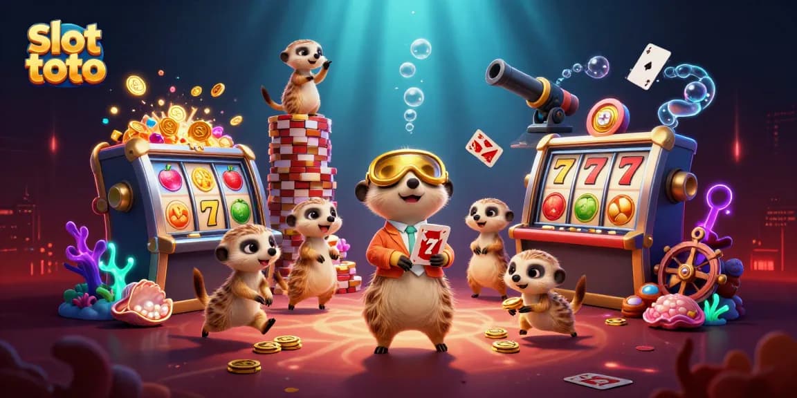 Engage in slot toto casino fun with meerkats running the operations, showcasing vibrant slot reels and treasure.