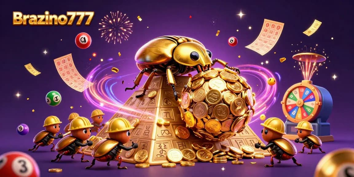 Brazino777 offers dynamic online casino action with vibrant illustrations of beetles and golden coins.