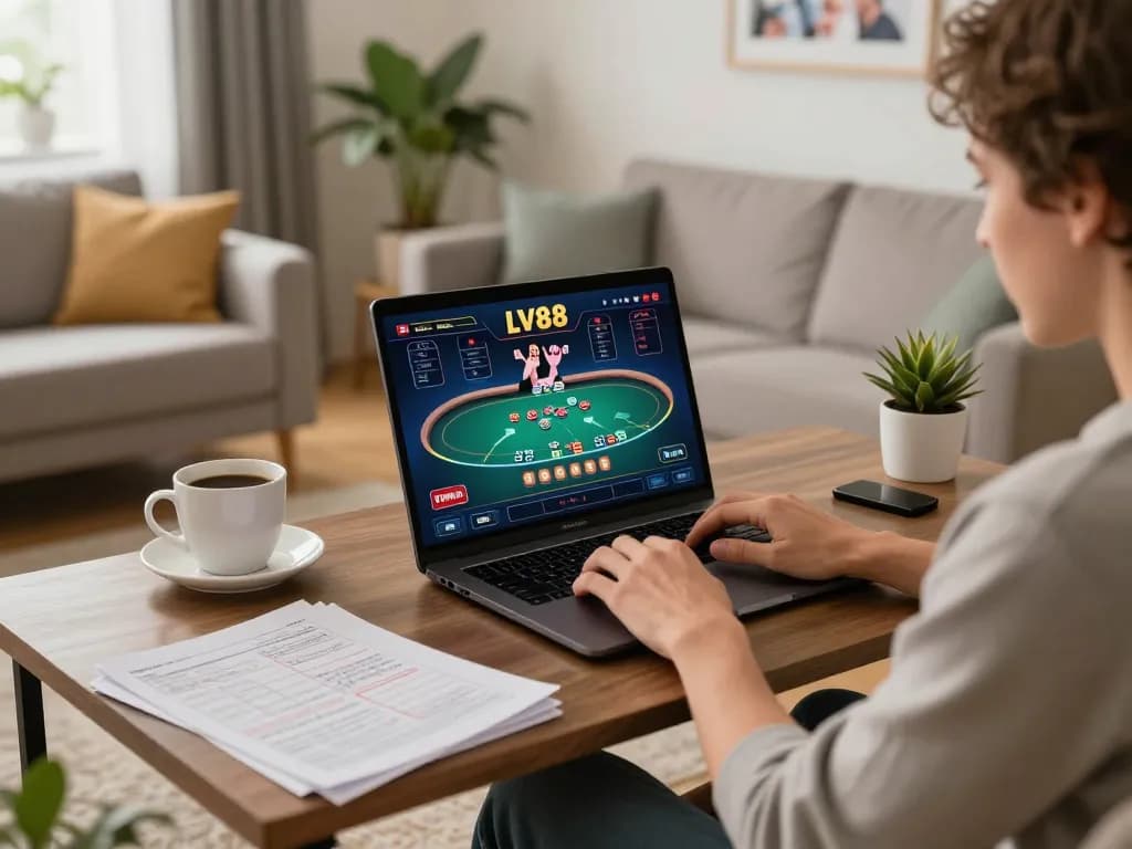 Player engaging with LV88 casino game online, laptop screen displaying active poker game strategy and notes