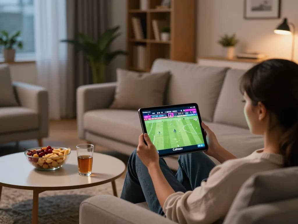 Cakhiatv streaming a live football match in a cozy home setting with a tablet.