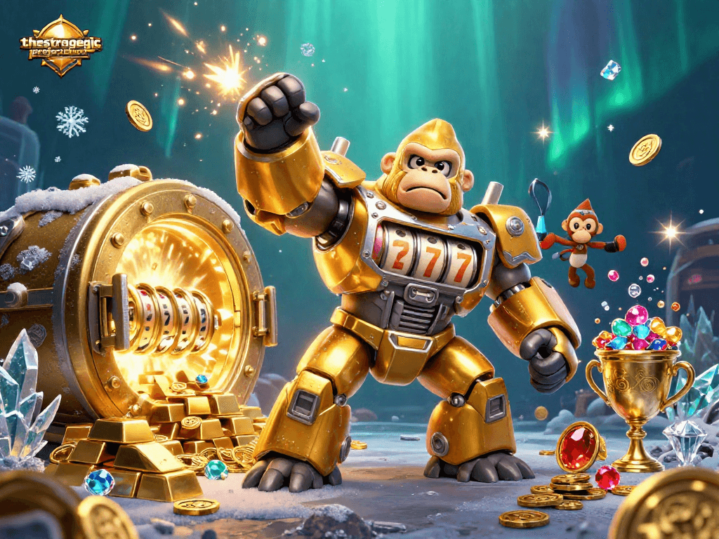 Engage with the vibrant scene of thestrategicprojectsteam showcasing a golden gorilla mech amidst a treasure vault.
