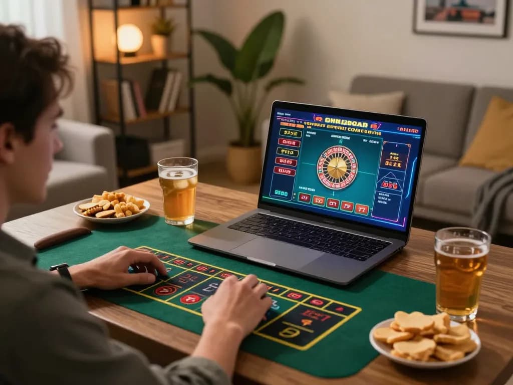 Engaging in online usa casinos with a lively roulette game displayed on laptop at cozy home setup.