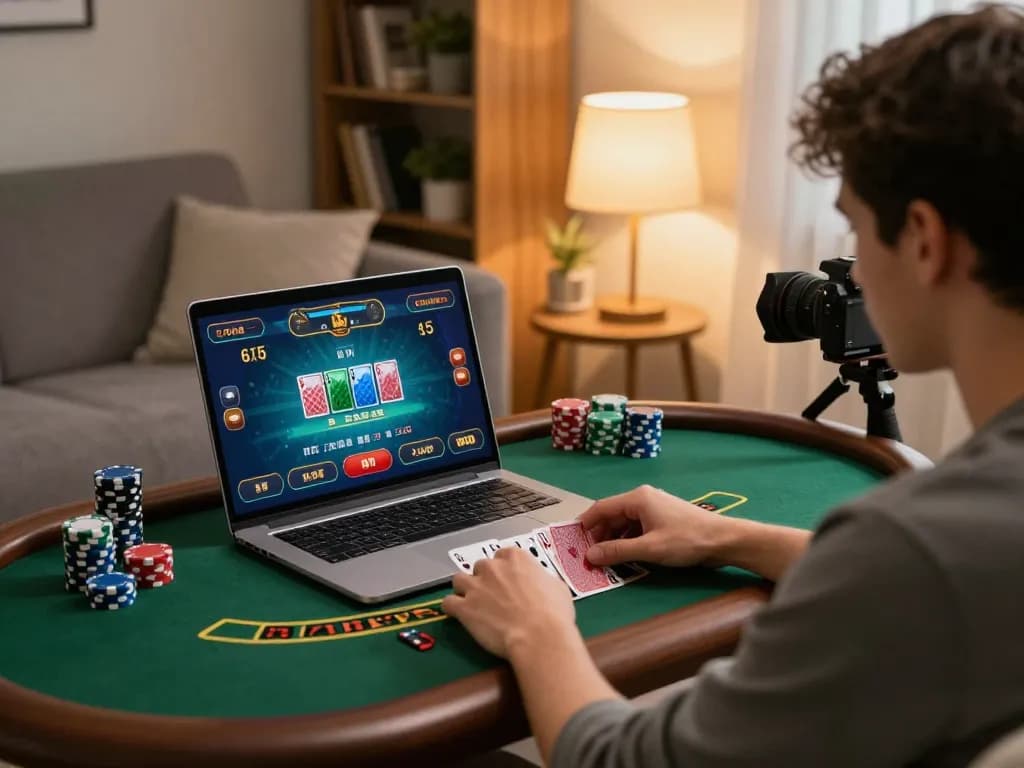 Player engaged in online blackjack on TT88 platform, showcasing a laptop and vibrant home setup.