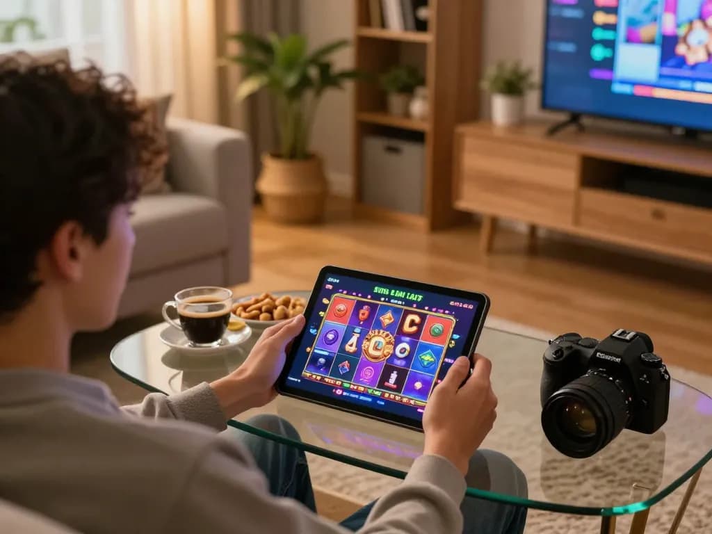 Sitting comfortably at home to enjoy exciting situs slot games on a tablet, enhancing the gaming experience.