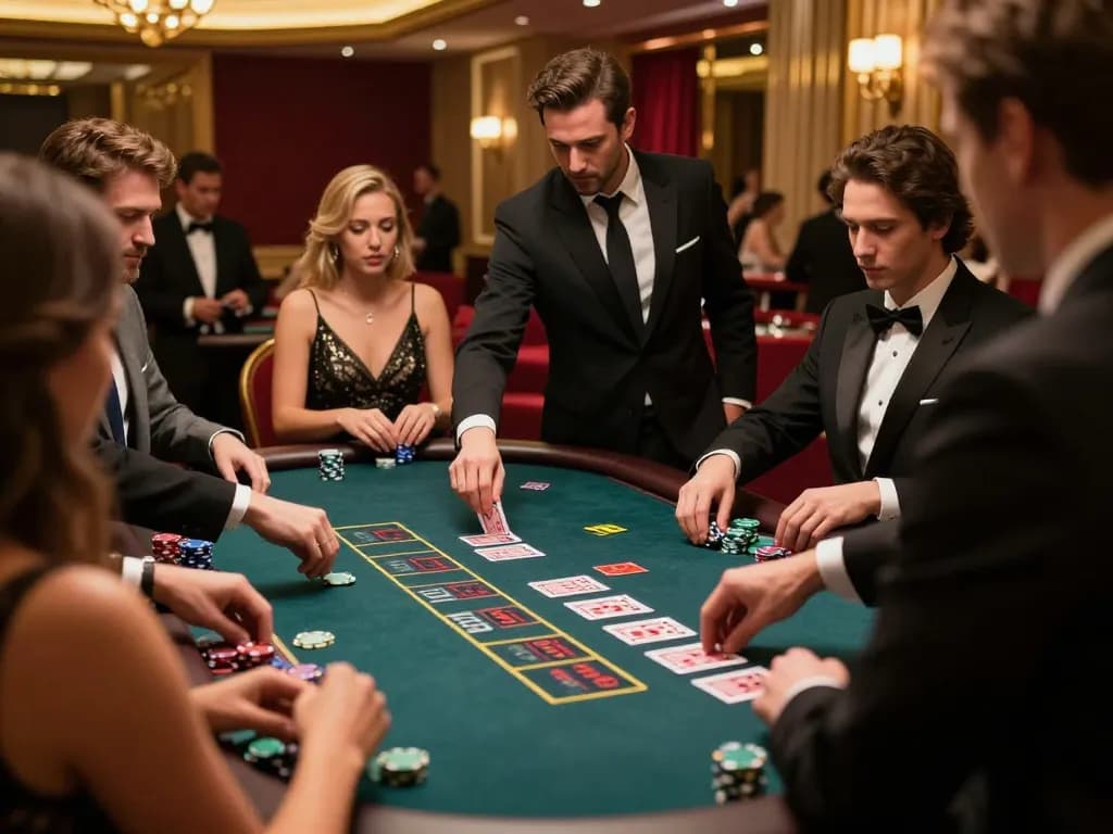 kp88 players strategizing at an upscale blackjack table with a professional dealer, exciting atmosphere.