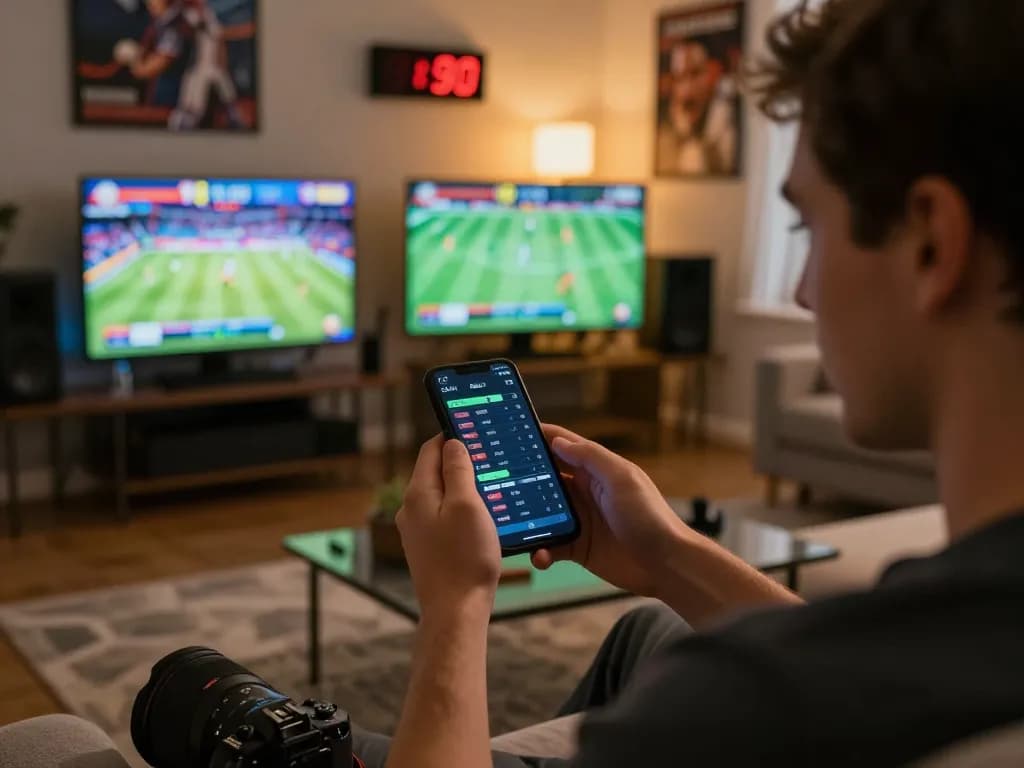 Engaging scene of online sports betting with gem88 com interface displayed on smartphone amidst a competitive home atmosphere