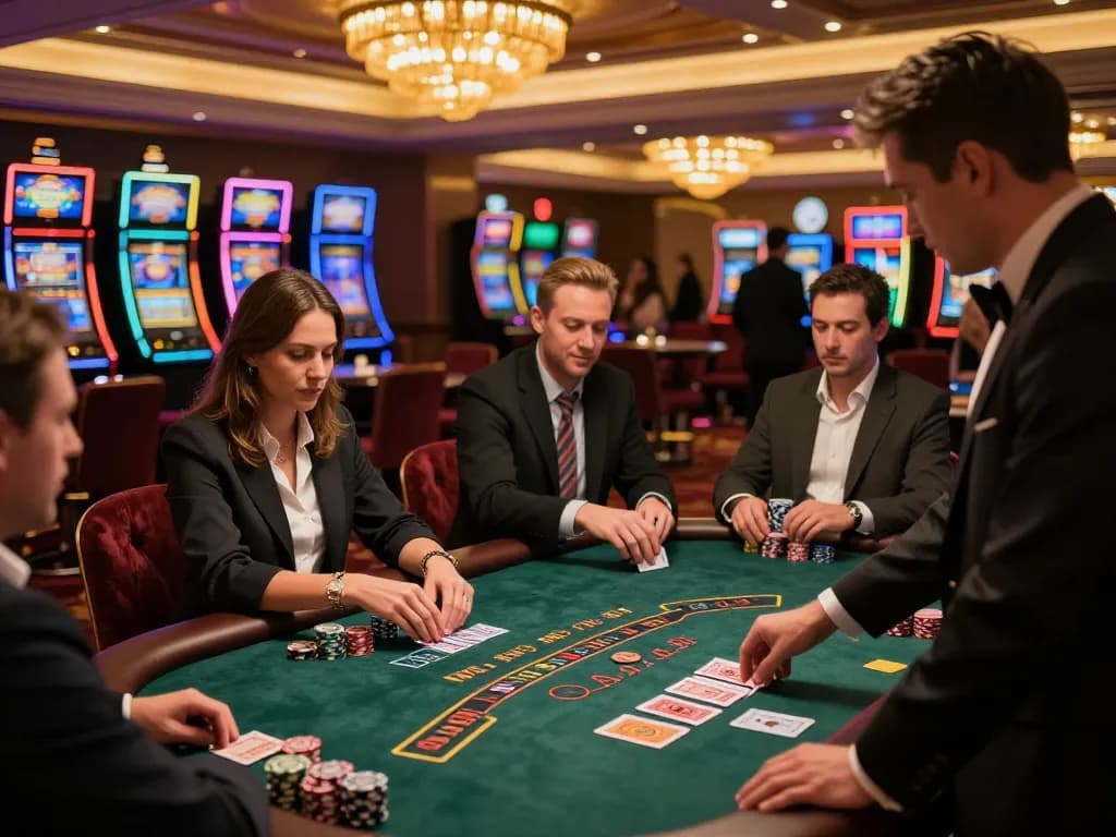 Engaging moment at slot depo 5k where players strategize and enjoy blackjack, infused with casino excitement