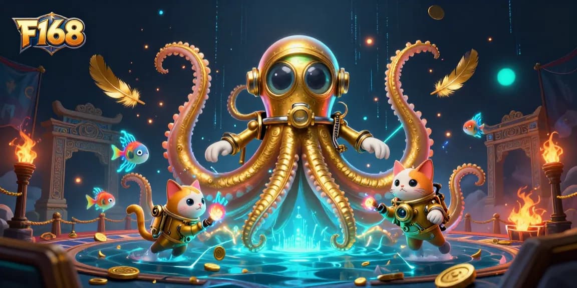 Experience exhilarating gaming at F168 with a colossal kraken and charming diving cat amidst shining treasures.