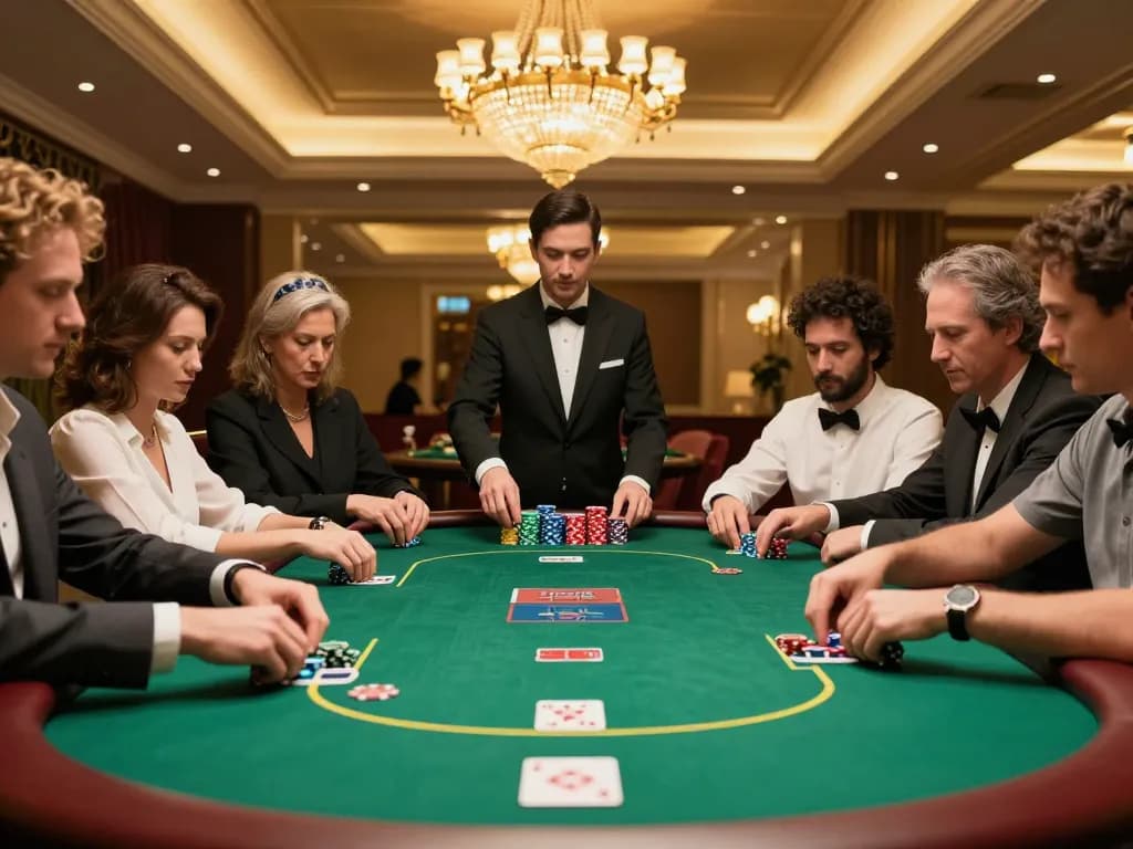 Exciting Tempo123 Slot gameplay with players at an upscale poker table in a luxurious casino setting