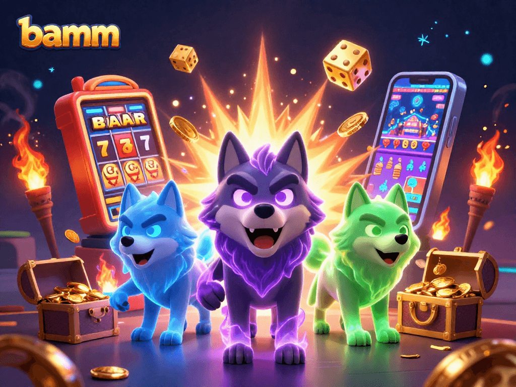 Catch the action with bamm's thrilling 3D illustration of casino excitement with slot machines and glowing wolf characters.