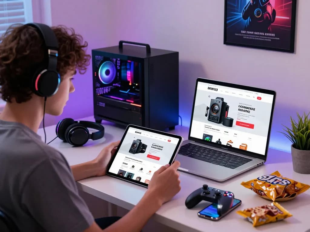 Engaged shopper on DEWI123 platform with vibrant gaming gear setup.