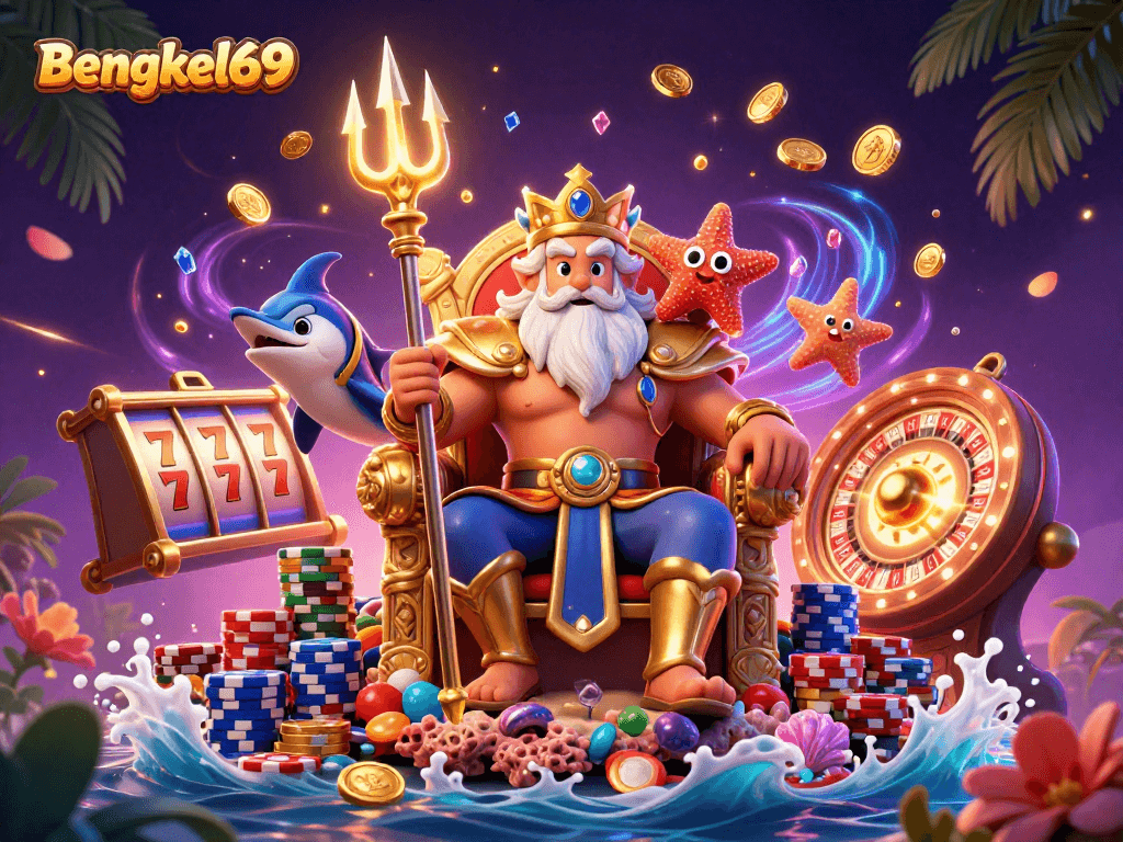 Bengkel69 leads the game action with slot machine reels and vibrant casino elements in a colorful 3D scene.