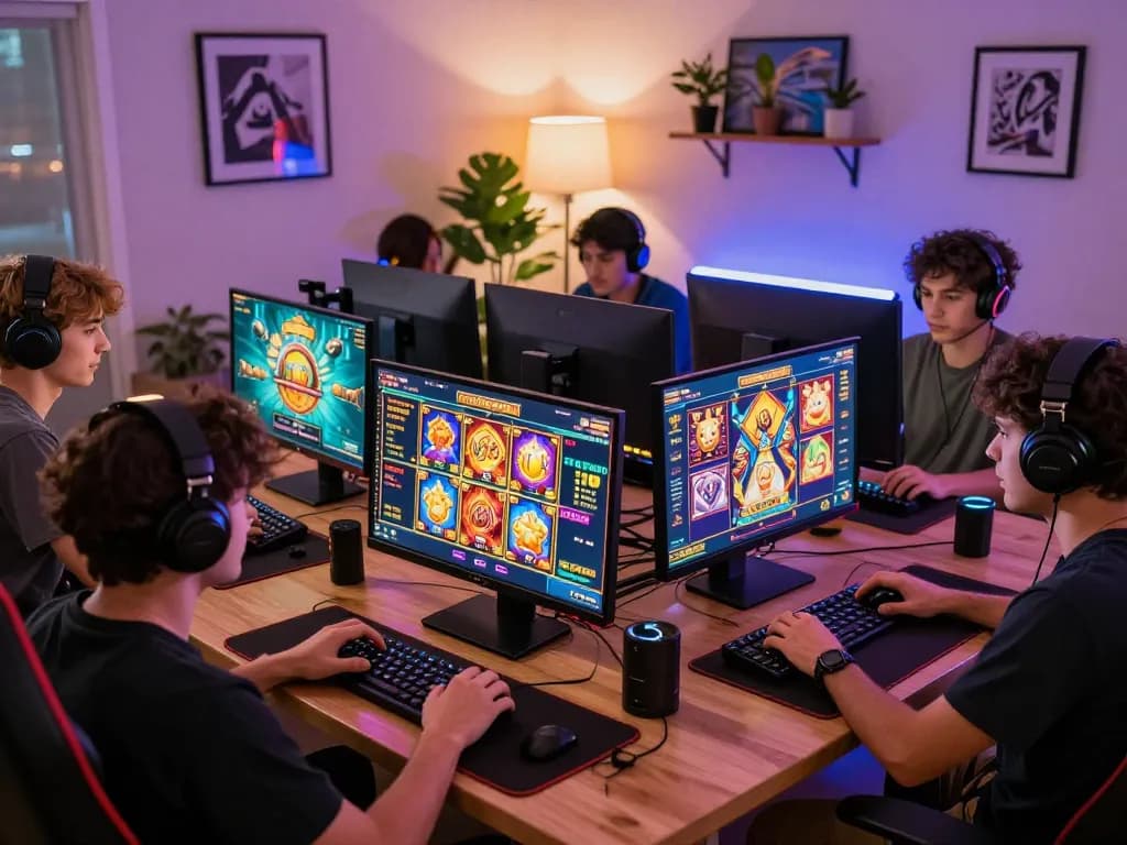 Pemain menikmati permainan slot yang menarik di platform laoban188 dalam suasana rumah yang vibrant.