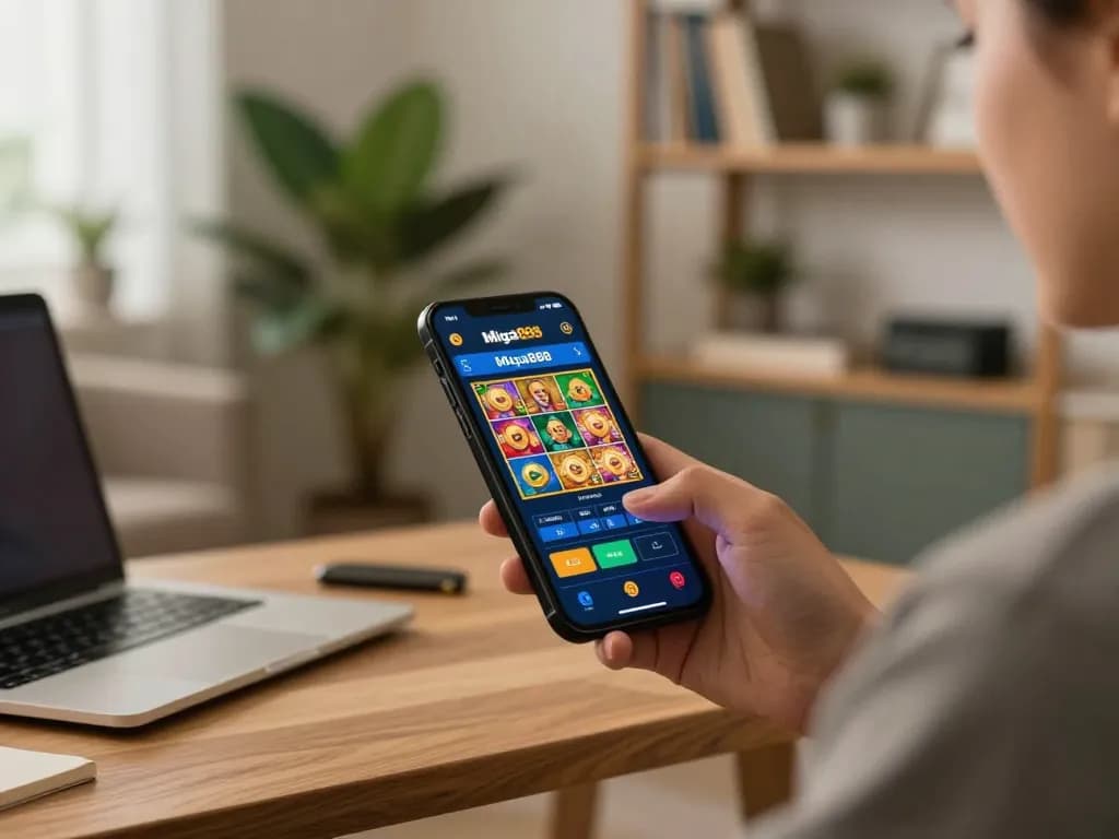 Mega888 Global mobile gaming experience in a cozy home setting, showcasing an engaging smartphone interface.