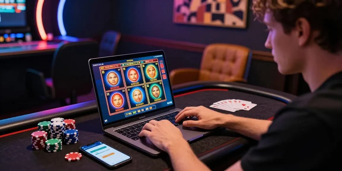 Player enjoying online slots at credit card casinos, https://being-there.org.uk, showcasing a modern gaming setup and vibrant atmosphere.