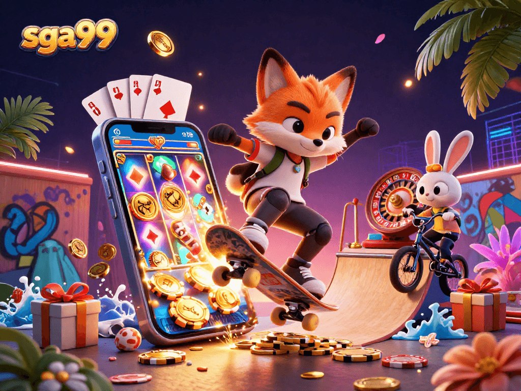 Experience thrilling wins at sga99 with a dynamic 3D illustration showcasing casino excitement.