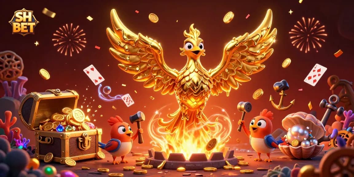 Experience the thrill of SH BET with vibrant golden phoenix and animated casino elements in a dynamic setting.