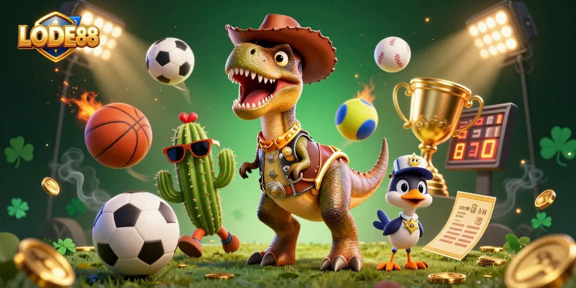 Engage in thrilling gameplay at LODE88 with a vibrant 3D illustration of a cowboy T-Rex.