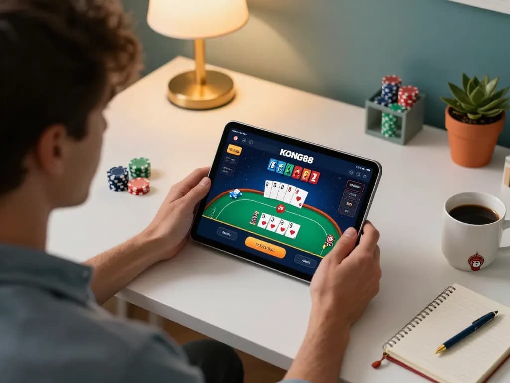 KONG88 player enjoying a strategic online poker session on a tablet in a cozy home office setting.