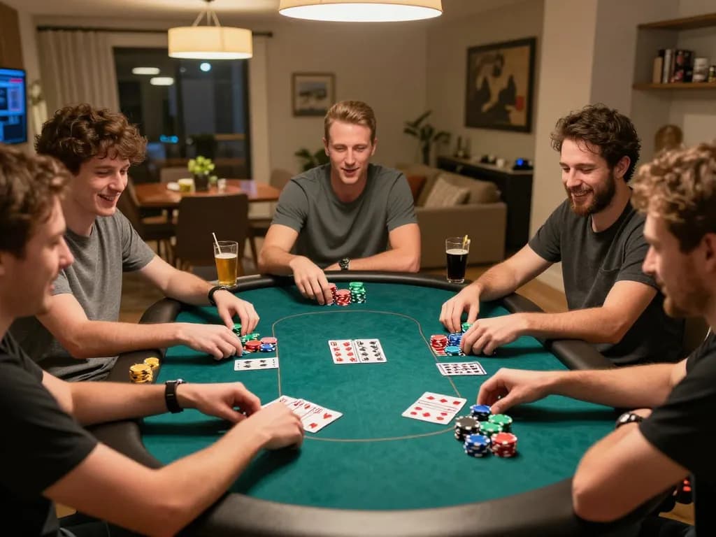 Sahabat yang menikmati malam poker yang meriah di rumah, menampilkan sesi permainan bandar togel yang menarik dengan chip dan kartu