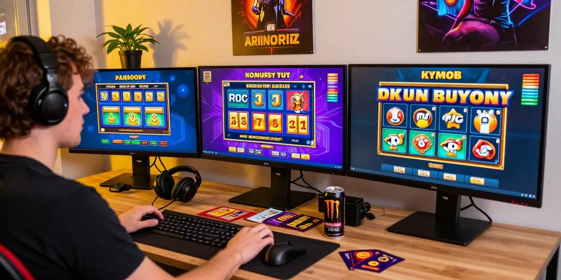 Engaging player at home enjoying bonus buy slots UK on multiple screens with vibrant graphics.