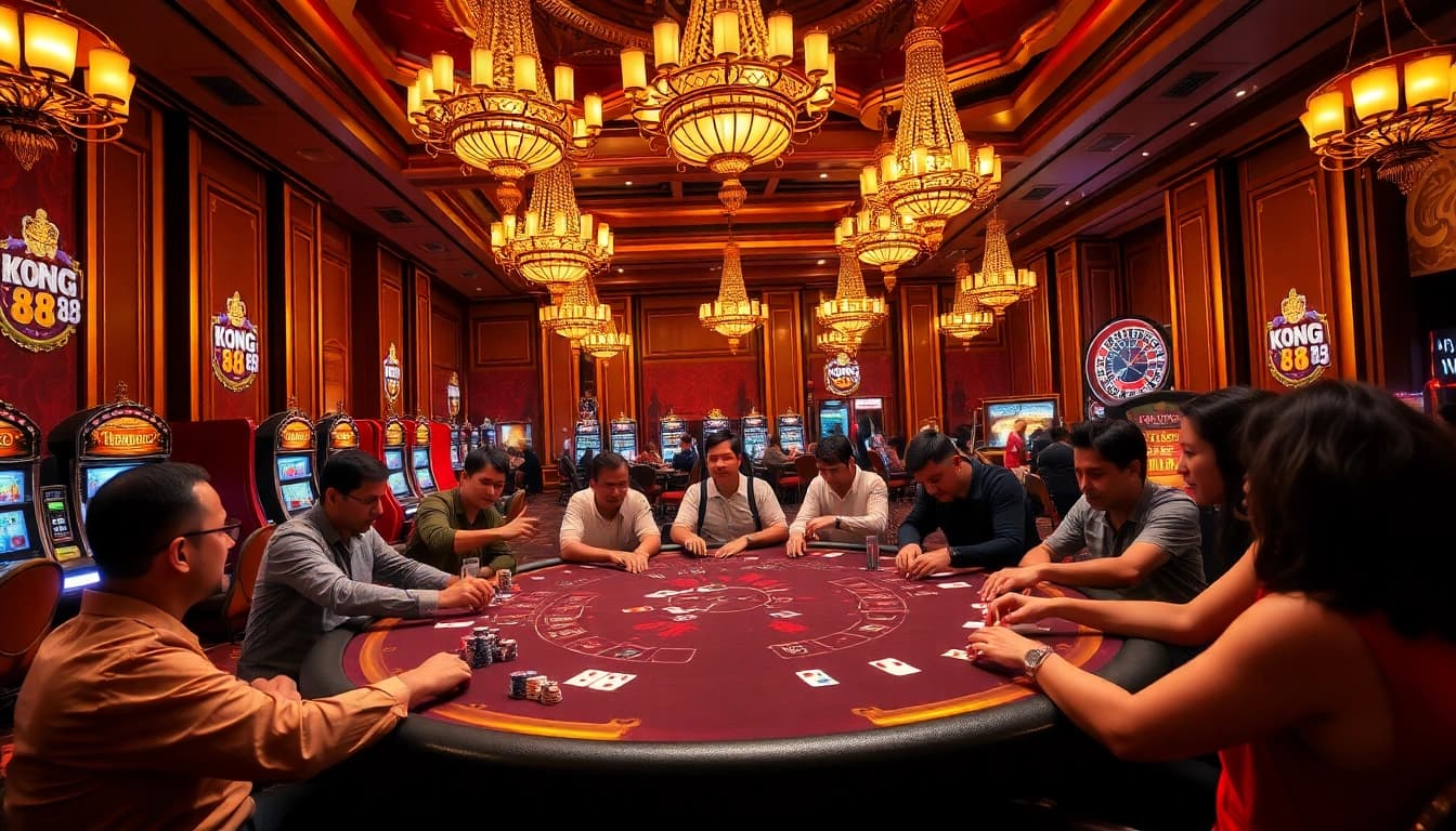 Experience the thrill of KONG 88 at a luxurious casino poker table filled with vibrant chips and cards.