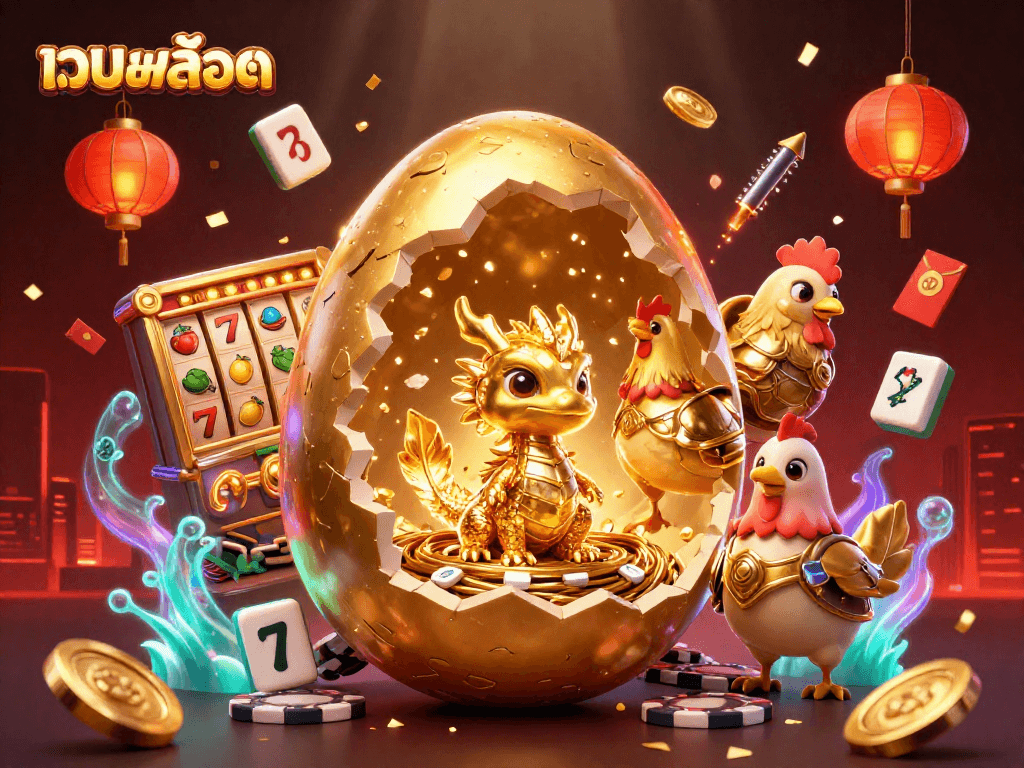 Engage with เว็บสล็อต and experience thrilling gameplay featuring golden dragons, slot reels, and festive elements.